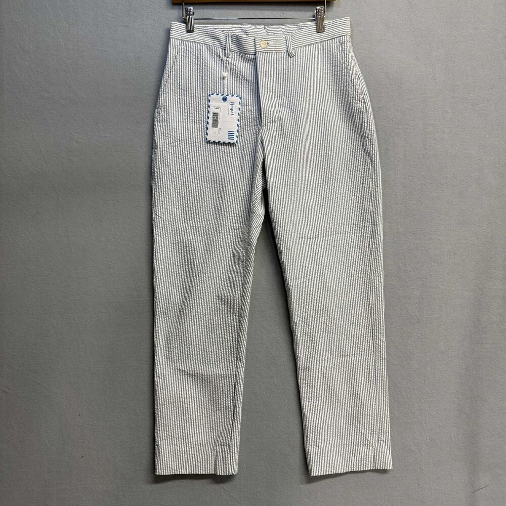 Haspel Bernard Trouser Pants Flat Front Striped Blue Seersucker Cotton 32 NWT